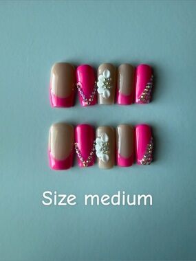 Hot Pink and Nude Press-On Nail Set with Rhinestones and 3D Flowers